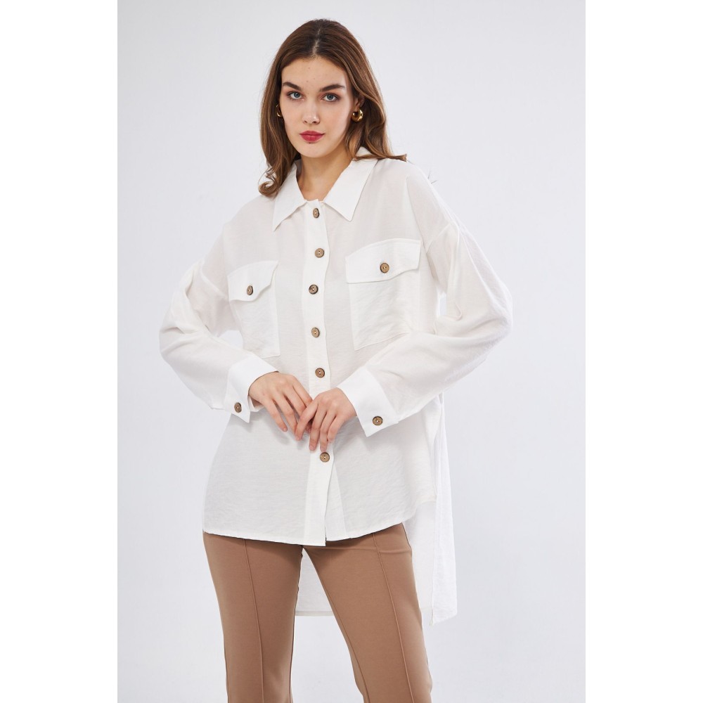 Pasaklı Giyim Pasaklı Giyim Kadın Oversize Arkası Uzun Tunik Gömlek Beyaz - Premium Kadın Giyim