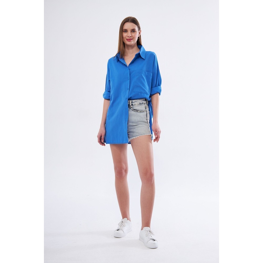 Pasaklı Giyim Kadın Saks Mavi Uzun Kollu Terikoton Özel Kumaş Cepli Spor Uzun Tunik Gömlek - Premium Kadın Giyim