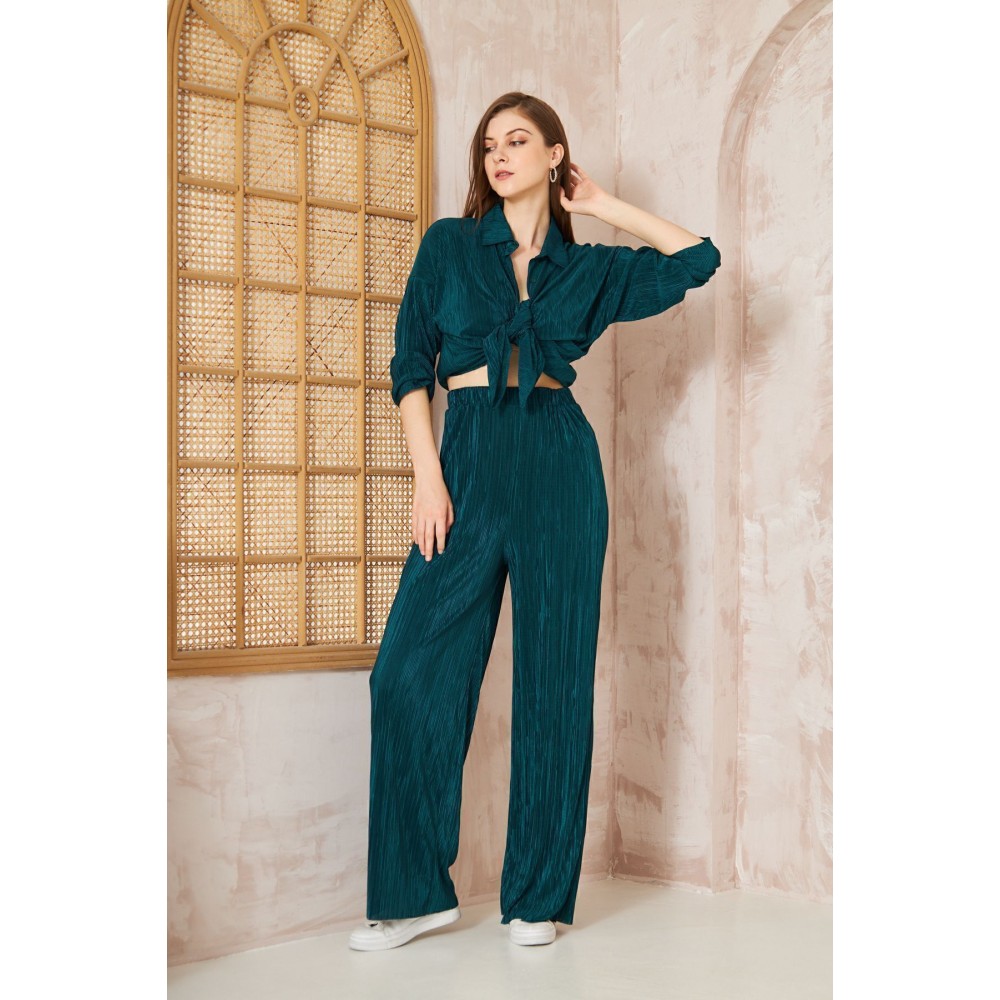 Pasaklı Giyim Pasaklı Giyim kadın Piliseli Bürümcük Pantolon Tunik Alt Üst Takım Petrol - Premium Kadın Giyim