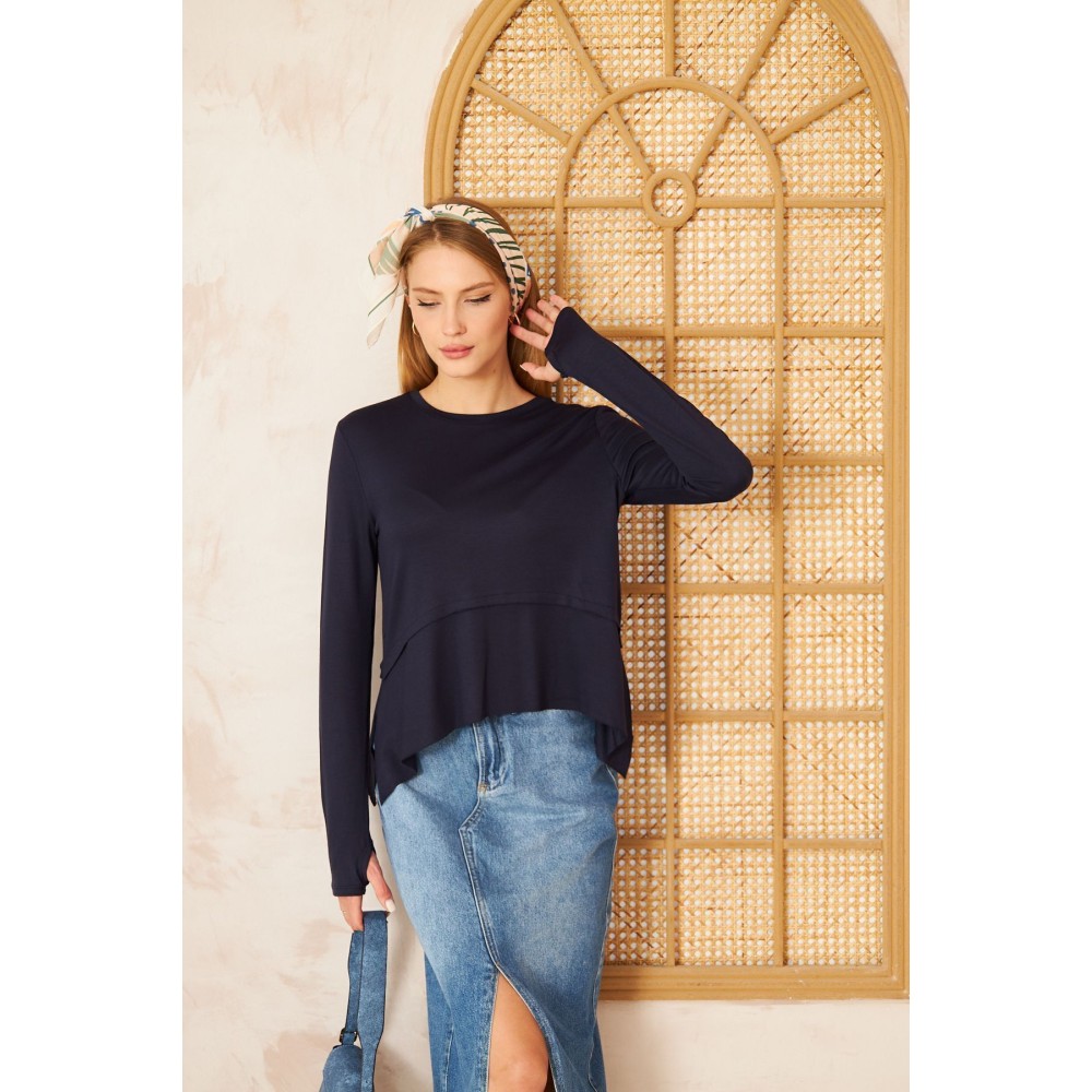 Pasaklı Giyim Pasaklı Giyim Kadın Parmak Geçirmeli Yoga Bluz Lacivert - Premium Kadın Giyim