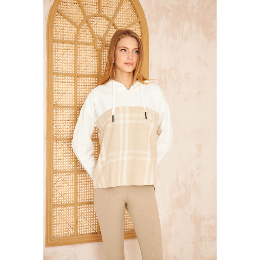 Pasaklı Giyim Pasaklı Giyim Kadın Kapüşonlu Oduncu Sweatshirt Bej Ekose - Premium Kadın Giyim