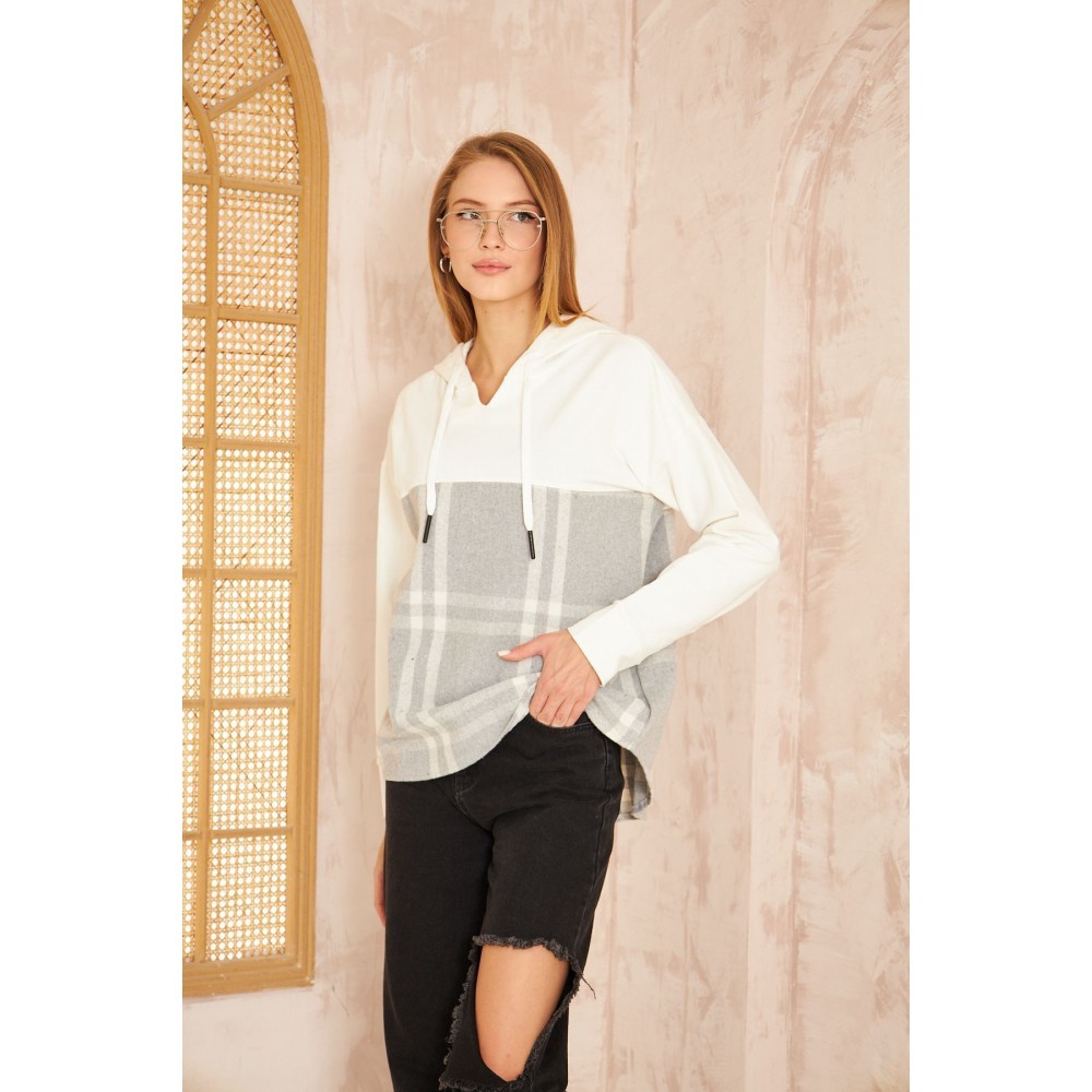 Pasaklı Giyim Pasaklı Giyim Kadın Kapüşonlu Oduncu Sweatshirt Gri Ekose - Premium Kadın Giyim