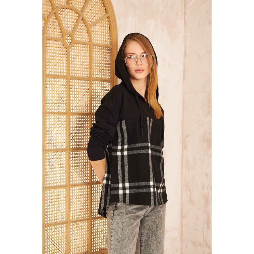 Pasaklı Giyim Pasaklı Giyim Kadın Kapüşonlu Oduncu Sweatshirt Siyah Ekose - Premium Kadın Giyim