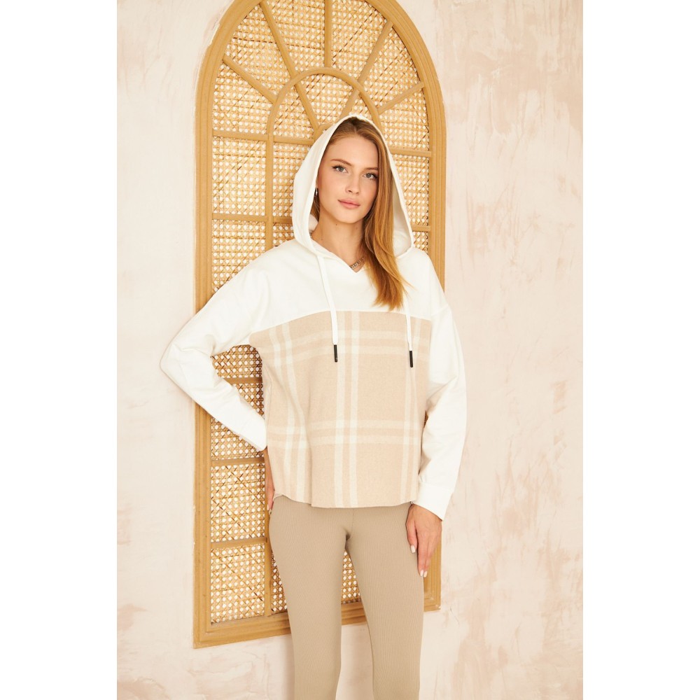 Pasaklı Giyim Pasaklı Giyim Kadın Kapüşonlu Oduncu Sweatshirt Bej Ekose - Premium Kadın Giyim