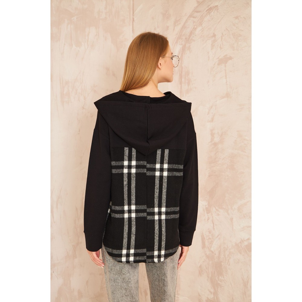 Pasaklı Giyim Pasaklı Giyim Kadın Kapüşonlu Oduncu Sweatshirt Siyah Ekose - Premium Kadın Giyim