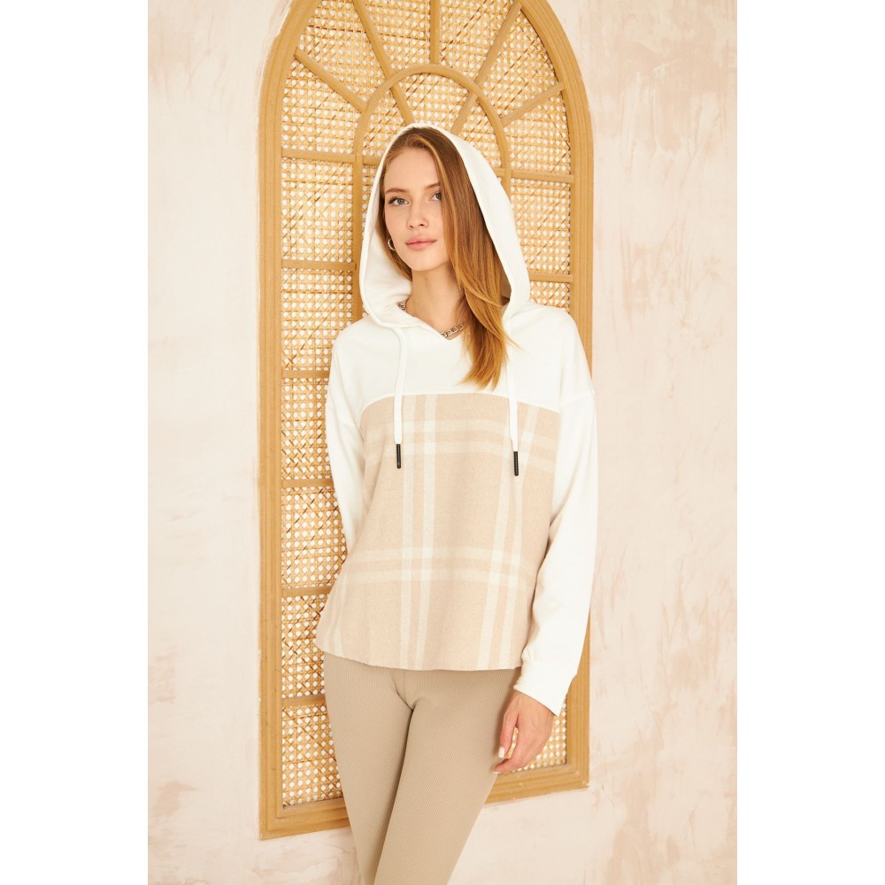 Pasaklı Giyim Pasaklı Giyim Kadın Kapüşonlu Oduncu Sweatshirt Bej Ekose - Premium Kadın Giyim