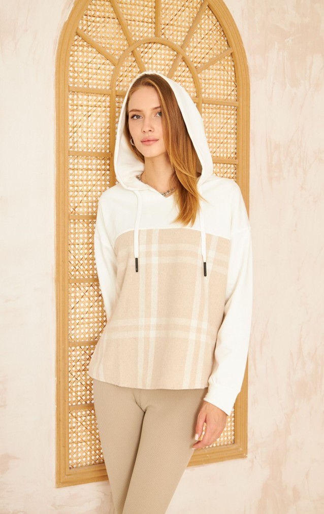 Pasaklı Giyim Kadın Kapüşonlu Oduncu Sweatshirt Bej Ekose 3565231