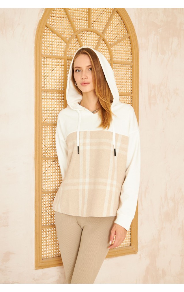 Pasaklı Giyim Kadın Kapüşonlu Oduncu Sweatshirt Bej Ekose 3565231