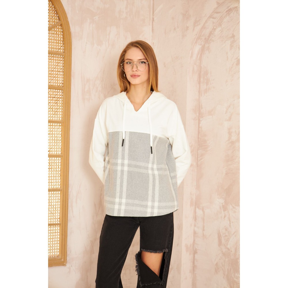 Pasaklı Giyim Pasaklı Giyim Kadın Kapüşonlu Oduncu Sweatshirt Gri Ekose - Premium Kadın Giyim