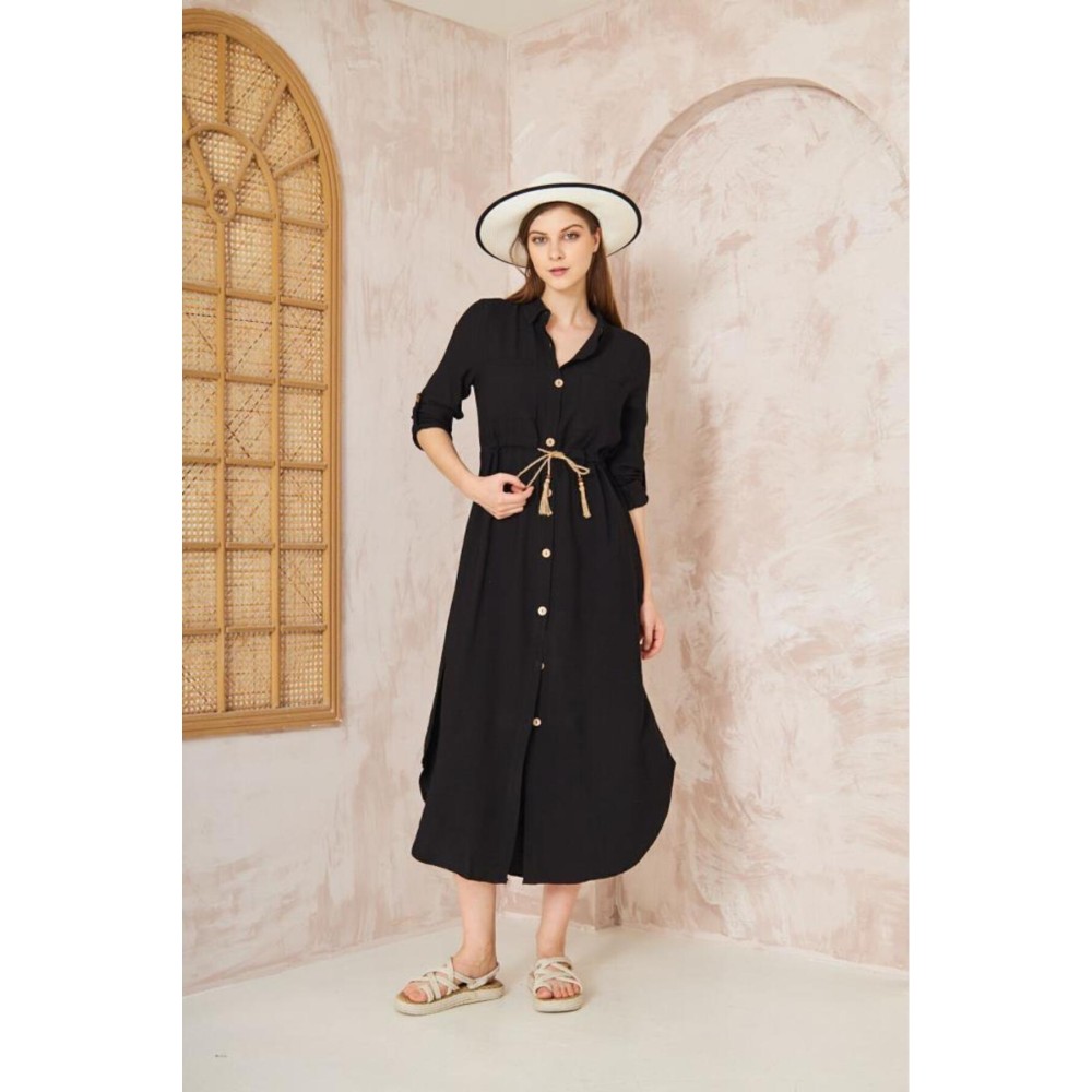 Pasaklı Giyim Pasaklı Giyim Kadın Hasır Kemerli Gömlek Elbise Siyah - Premium Kadın Giyim