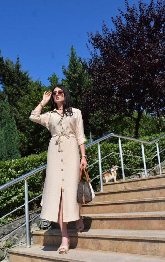 Pasaklı Giyim Kadın Hasır Kemerli Gömlek Elbise 2837451 Bej