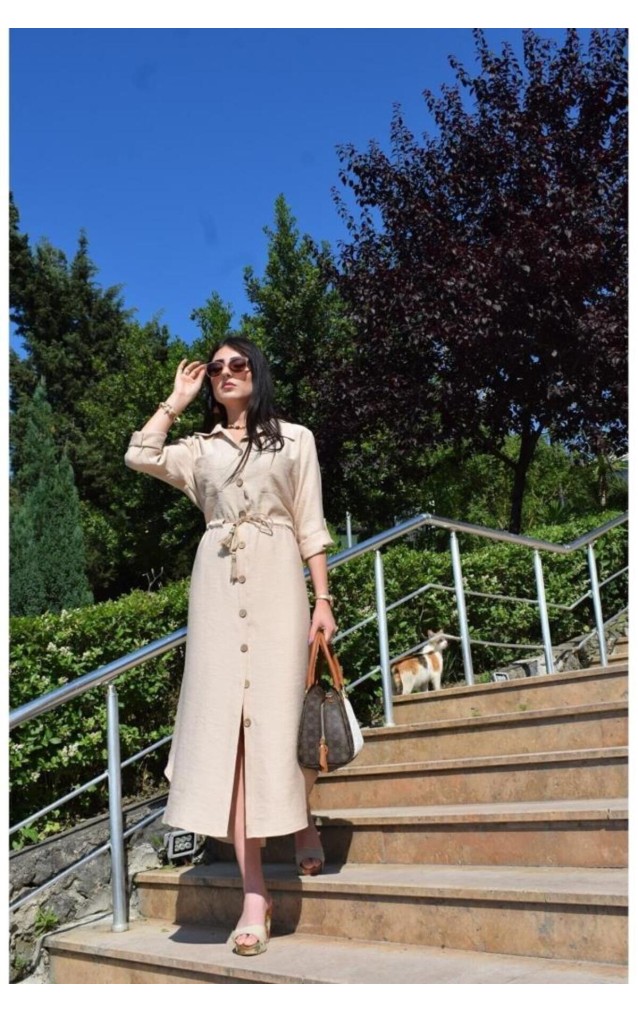 Pasaklı Giyim Kadın Hasır Kemerli Gömlek Elbise 2837451 Bej