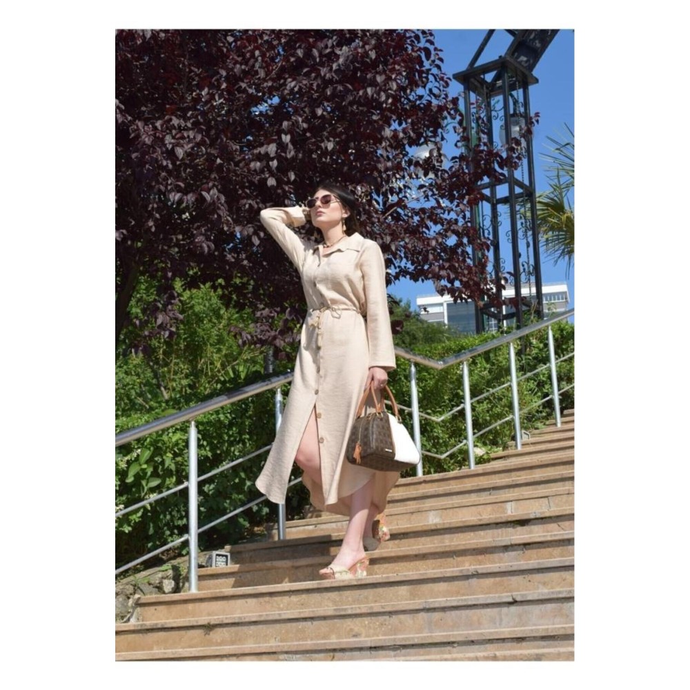 Pasaklı Giyim Pasaklı Giyim Kadın Hasır Kemerli Gömlek Elbise Bej - Premium Kadın Giyim