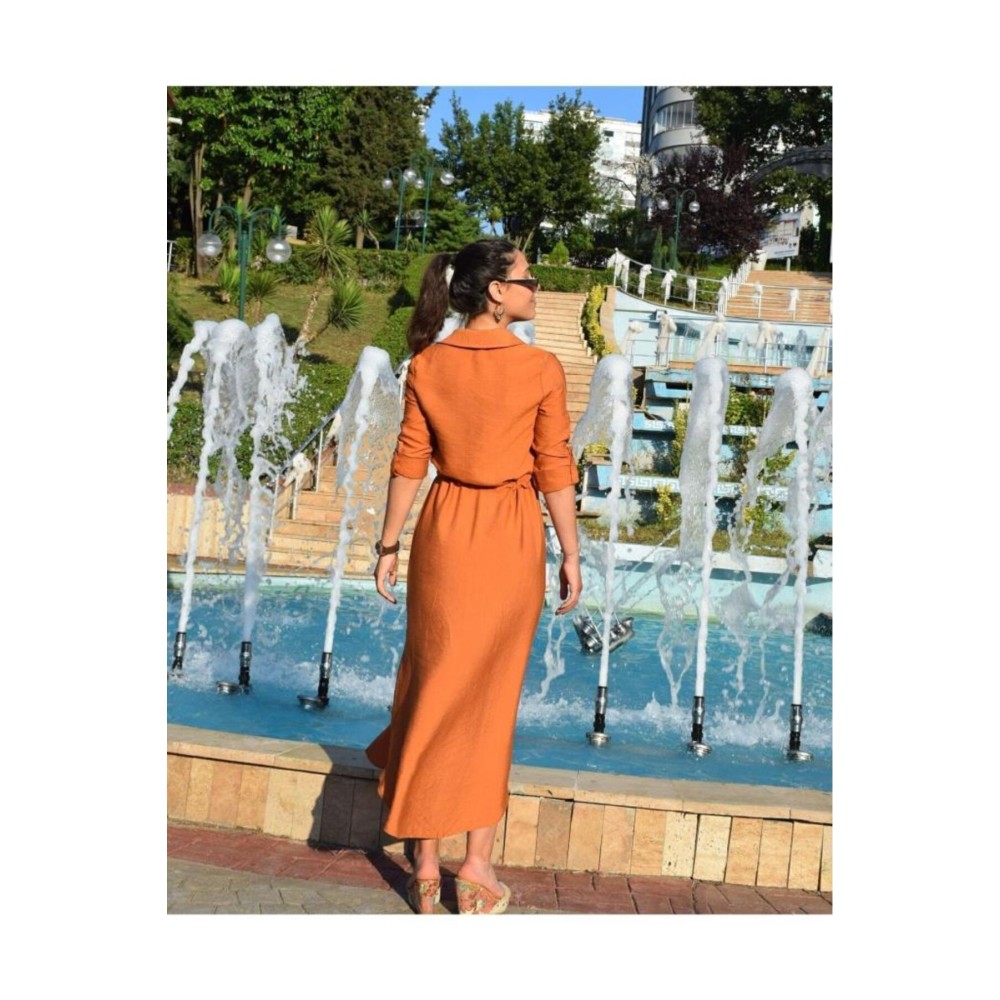 Pasaklı Giyim Pasaklı Giyim Kadın Hasır Kemerli Gömlek Elbise Kiremit - Premium Kadın Giyim