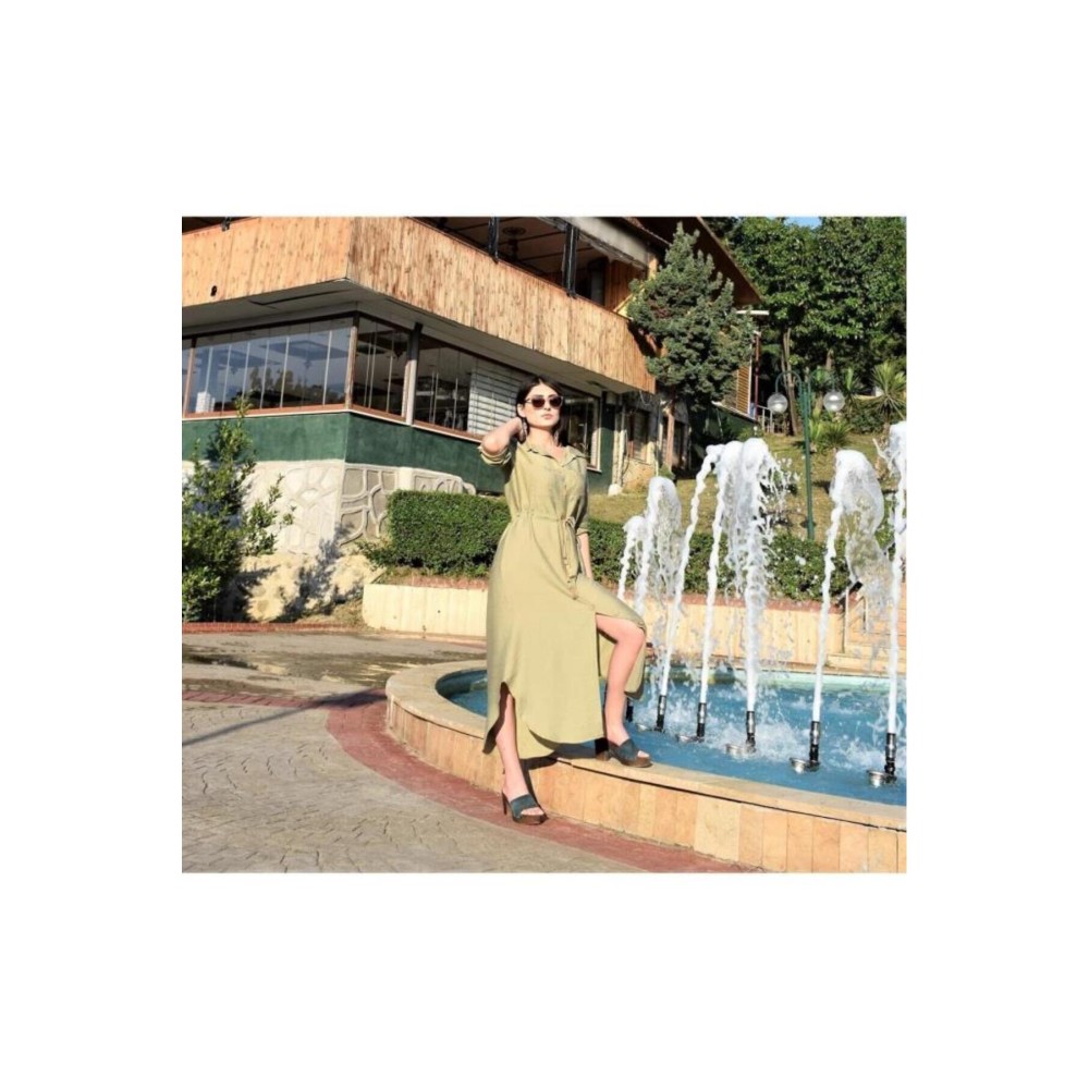 Pasaklı Giyim Pasaklı Giyim Kadın Hasır Kemerli Gömlek Elbise Haki - Premium Kadın Giyim