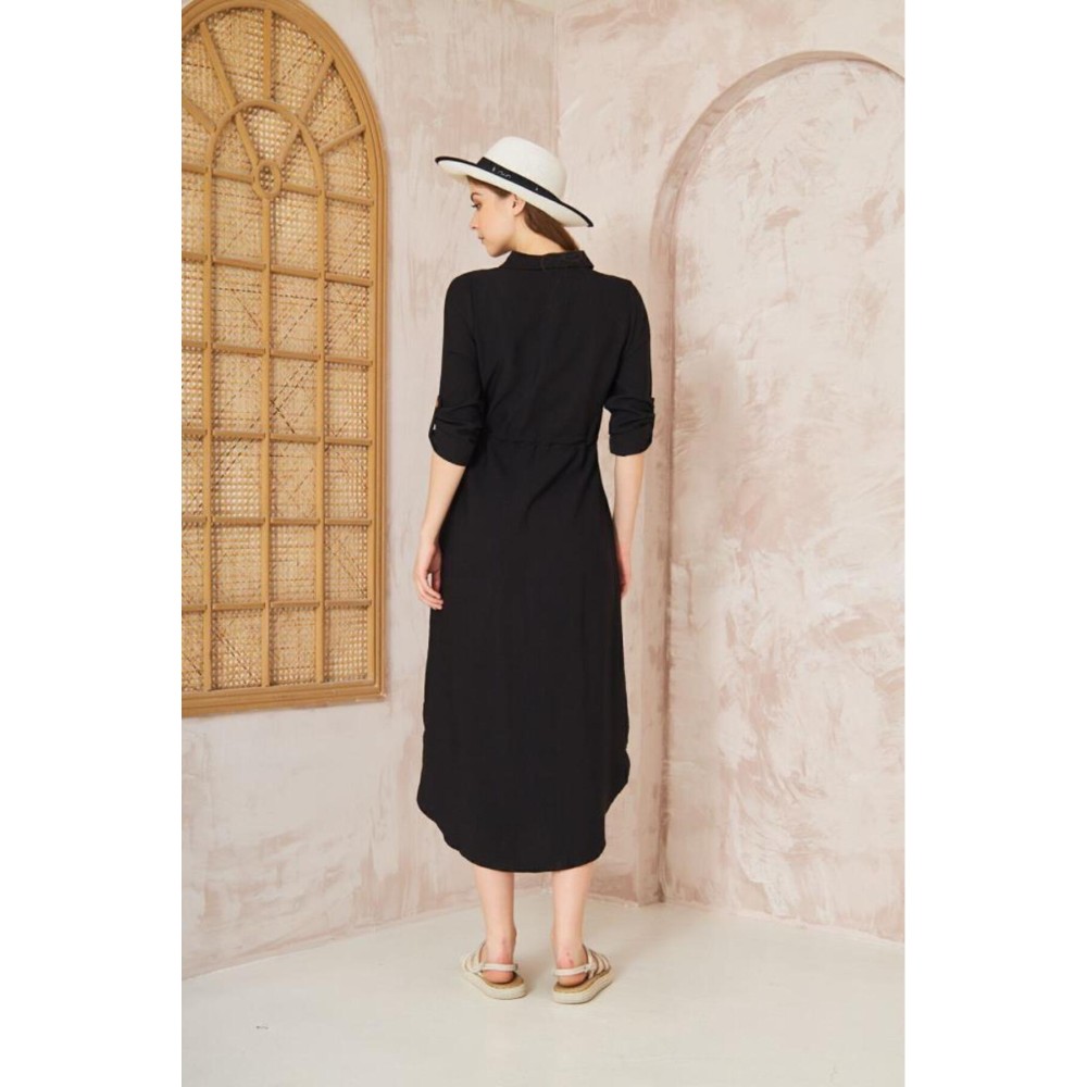 Pasaklı Giyim Pasaklı Giyim Kadın Hasır Kemerli Gömlek Elbise Siyah - Premium Kadın Giyim