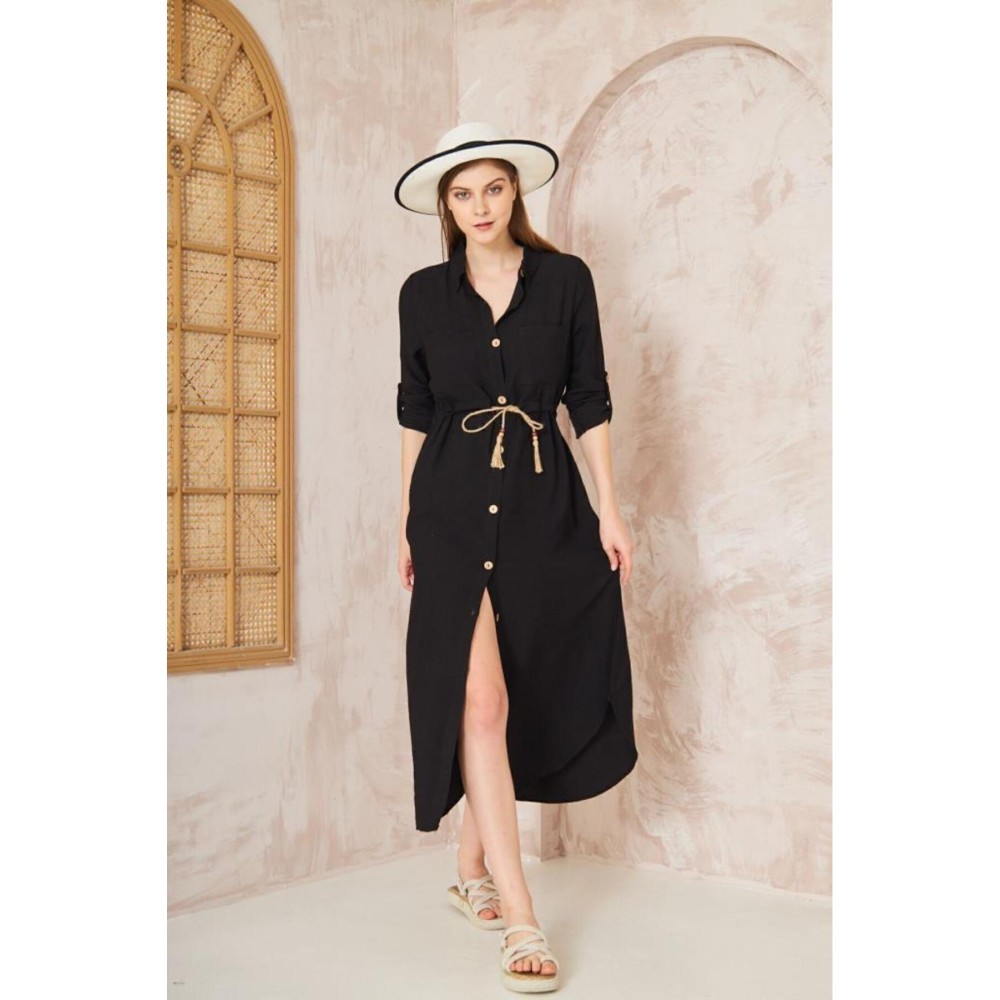 Pasaklı Giyim Pasaklı Giyim Kadın Hasır Kemerli Gömlek Elbise Siyah - Premium Kadın Giyim