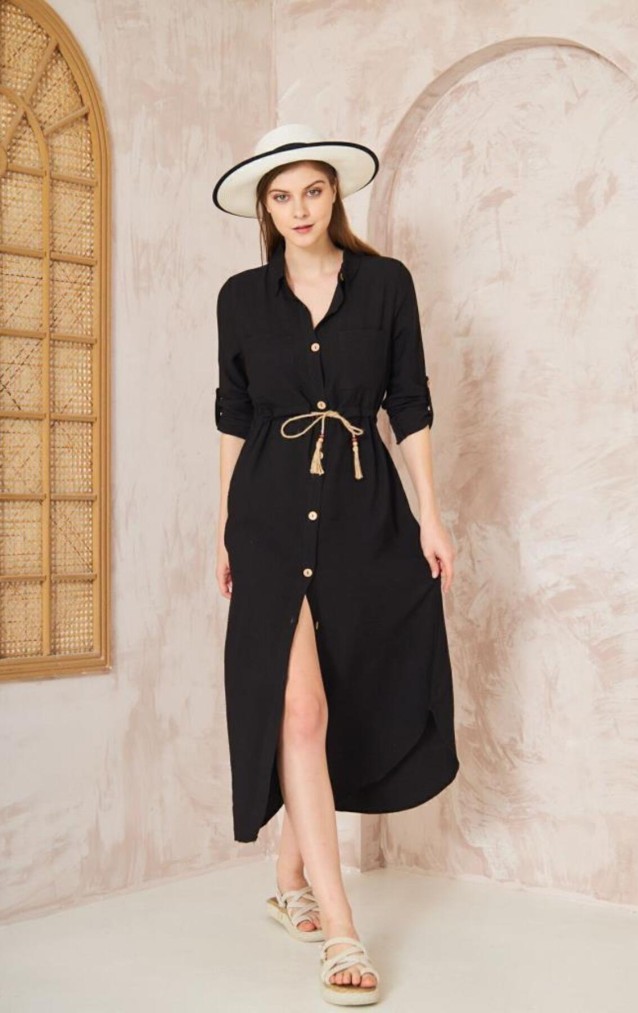 Pasaklı Giyim Kadın Hasır Kemerli Gömlek Elbise 2837451 Siyah