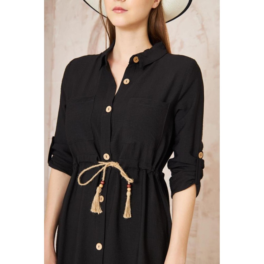 Pasaklı Giyim Pasaklı Giyim Kadın Hasır Kemerli Gömlek Elbise Siyah - Premium Kadın Giyim