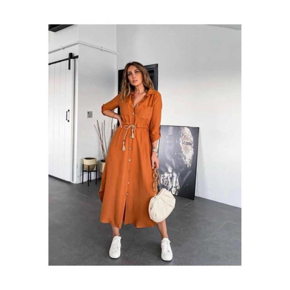 Pasaklı Giyim Pasaklı Giyim Kadın Hasır Kemerli Gömlek Elbise Kiremit - Premium Kadın Giyim