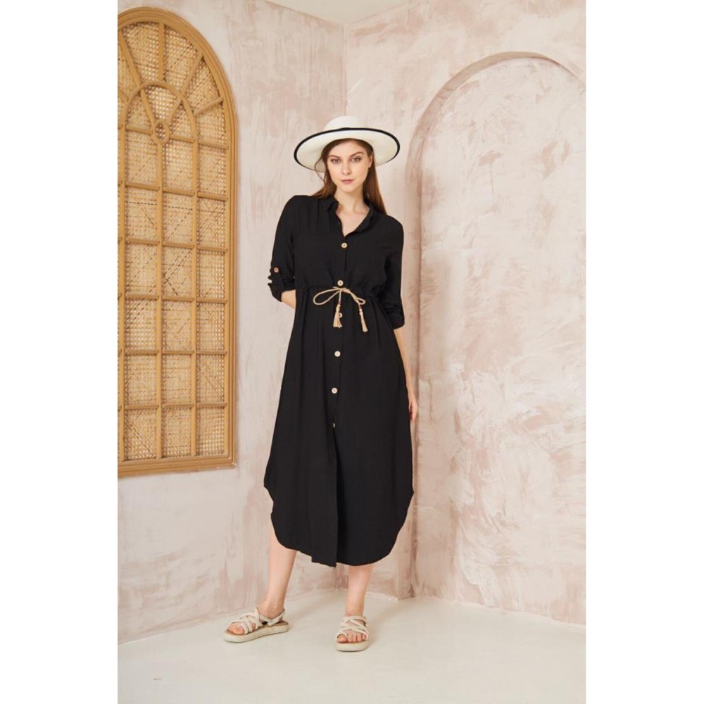 Pasaklı Giyim Pasaklı Giyim Kadın Hasır Kemerli Gömlek Elbise Siyah - Premium Kadın Giyim