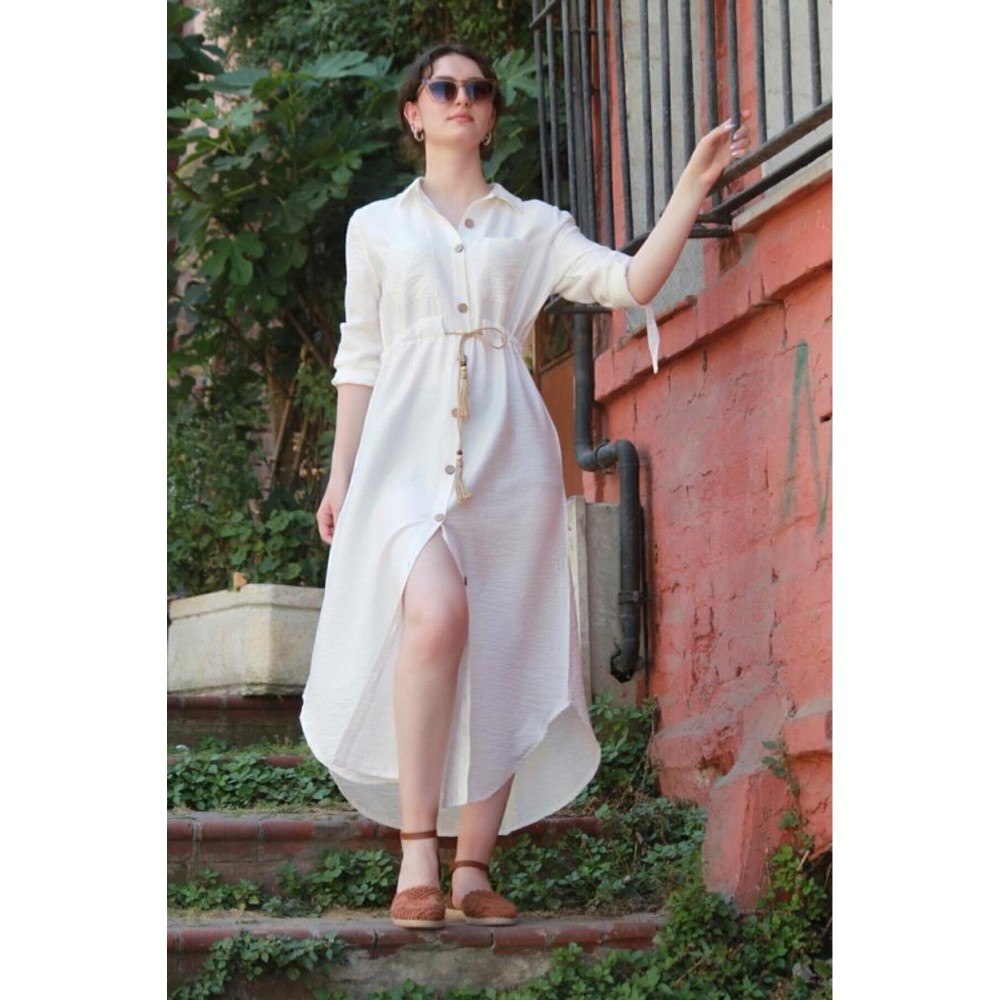Pasaklı Giyim Pasaklı Giyim Kadın Hasır Kemerli Gömlek Elbise Beyaz - Premium Kadın Giyim