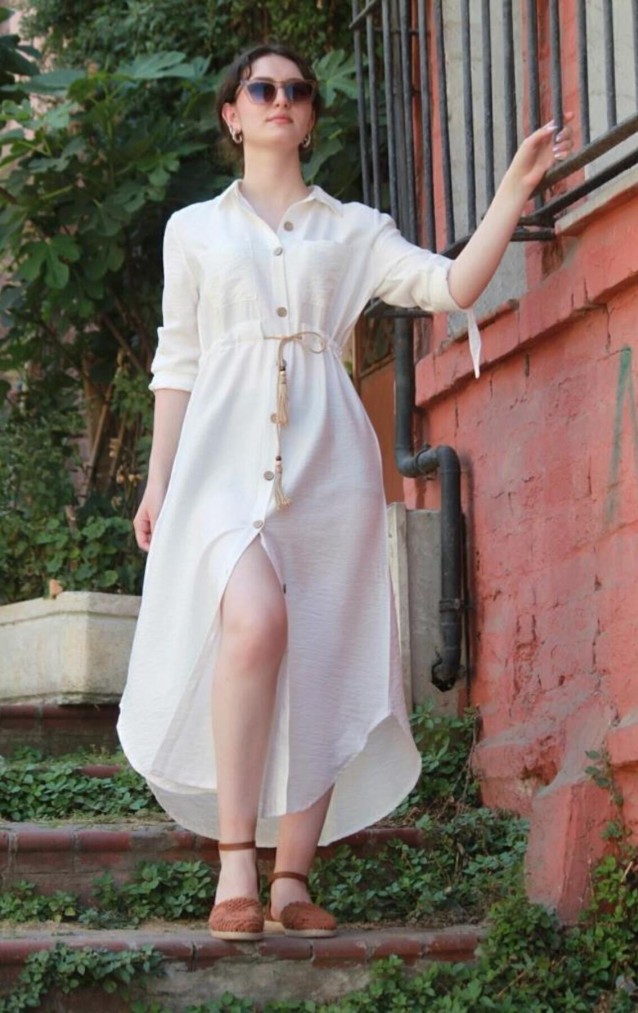 Pasaklı Giyim Kadın Hasır Kemerli Gömlek Elbise 2837451 Beyaz