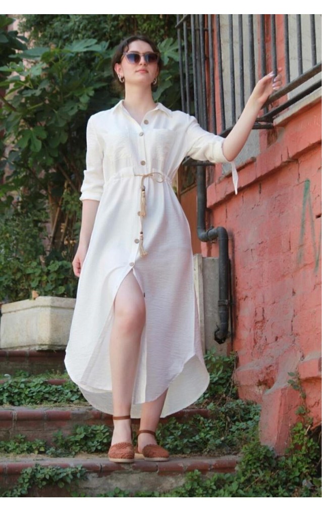 Pasaklı Giyim Kadın Hasır Kemerli Gömlek Elbise 2837451 Beyaz