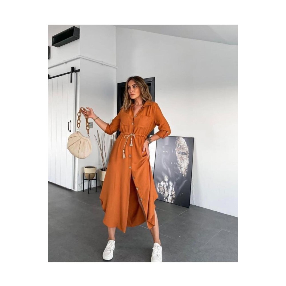 Pasaklı Giyim Pasaklı Giyim Kadın Hasır Kemerli Gömlek Elbise Kiremit - Premium Kadın Giyim