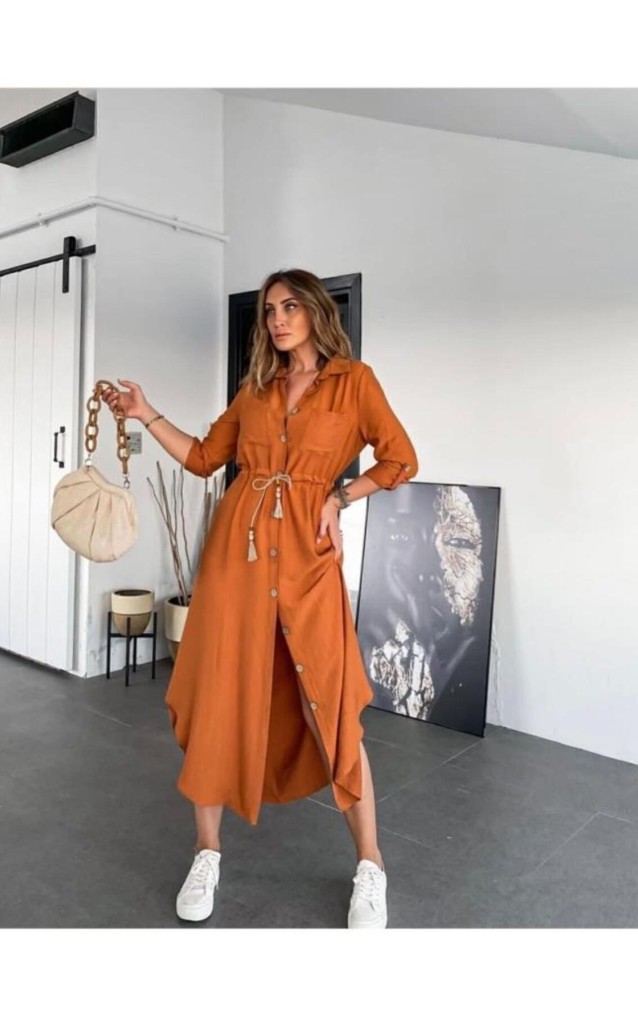 Pasaklı Giyim Kadın Hasır Kemerli Gömlek Elbise 2837451 Kiremit