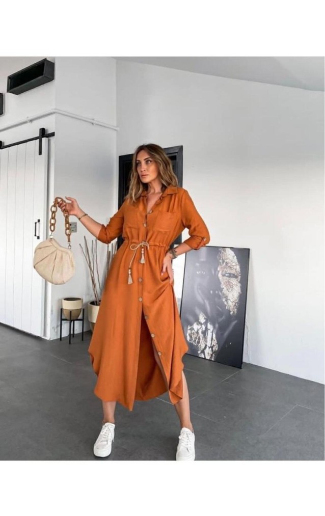 Pasaklı Giyim Kadın Hasır Kemerli Gömlek Elbise 2837451 Kiremit