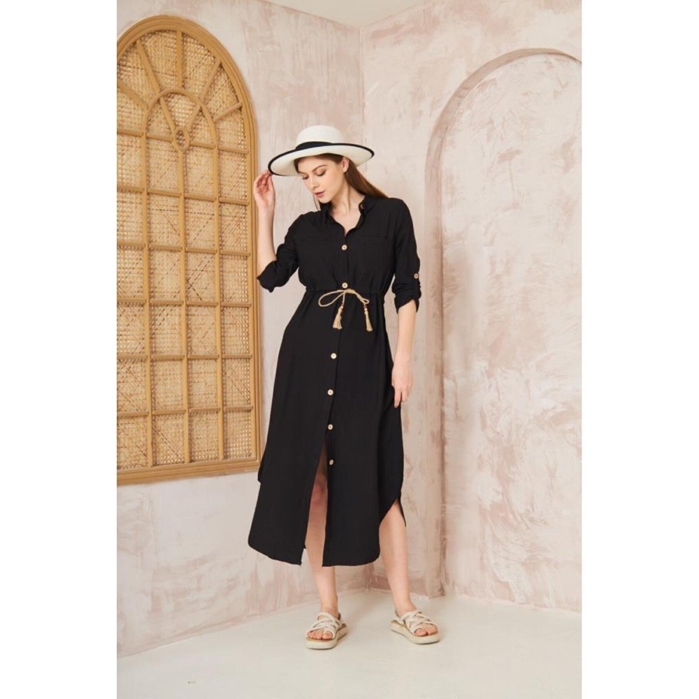Pasaklı Giyim Pasaklı Giyim Kadın Hasır Kemerli Gömlek Elbise Siyah - Premium Kadın Giyim