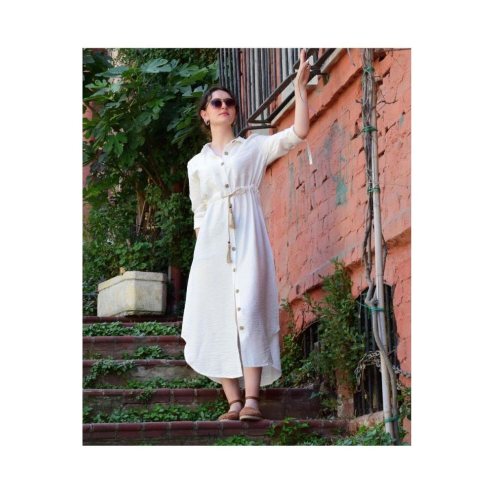 Pasaklı Giyim Pasaklı Giyim Kadın Hasır Kemerli Gömlek Elbise Beyaz - Premium Kadın Giyim