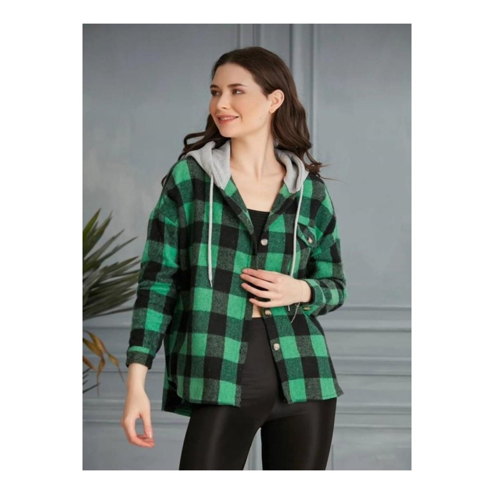 Pasaklı Giyim Pasaklı giyim Kadın Kaşe Kapüşonlu Oduncu Gömlek Yeşil - Premium Kadın Giyim