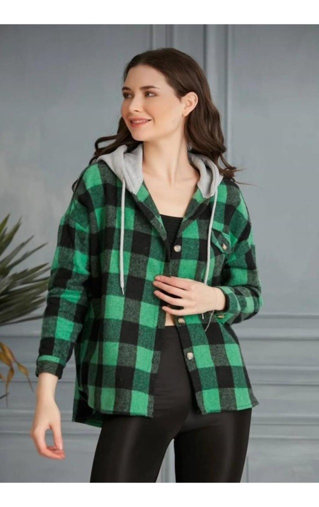 Pasaklı giyim Kadın Kaşe Kapüşonlu Oduncu Gömlek 3667320 Yeşil