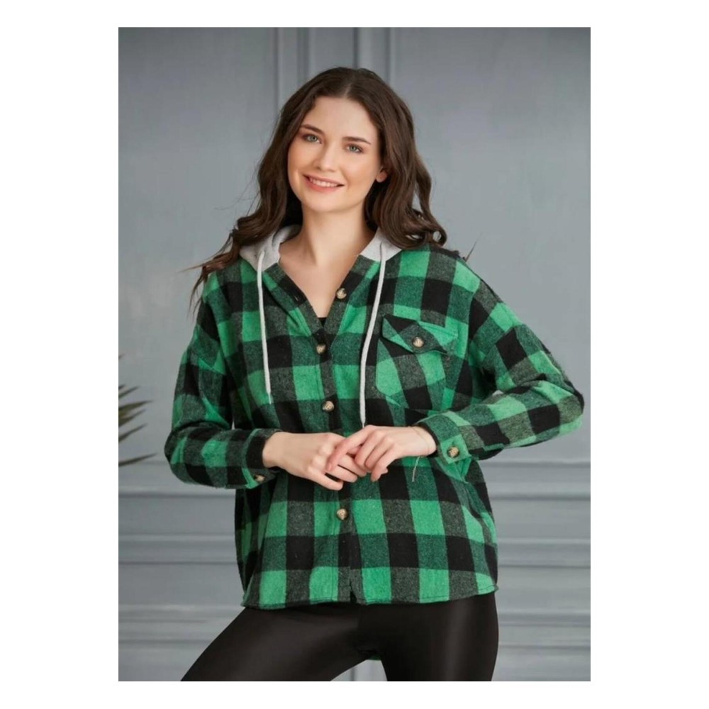 Pasaklı Giyim Pasaklı giyim Kadın Kaşe Kapüşonlu Oduncu Gömlek Yeşil - Premium Kadın Giyim