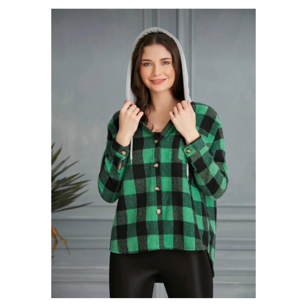 Pasaklı Giyim Pasaklı giyim Kadın Kaşe Kapüşonlu Oduncu Gömlek Yeşil - Premium Kadın Giyim