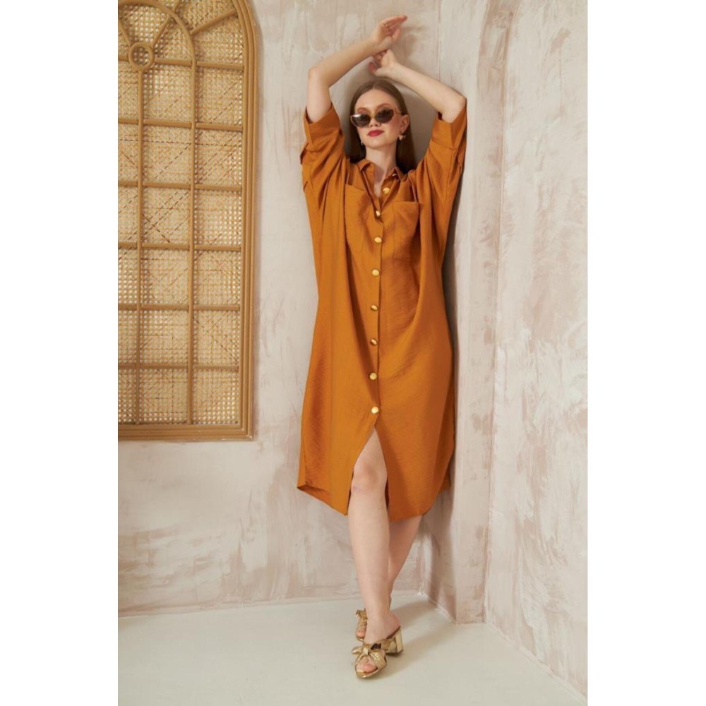 Pasaklı Giyim Pasaklı Giyim Kadın Oversize Yarasa Kol Tesettüre Uygun Gömlek Elbise-Tesettür Tunik Hardal - Premium Kadın Giyim