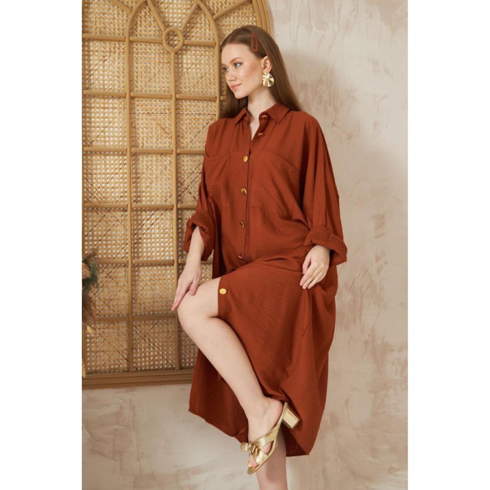 Pasaklı Giyim Pasaklı Giyim Kadın Oversize Yarasa Kol Tesettüre Uygun Gömlek Elbise-Tesettür Tunik Kiremit - Premium Kadın Giyim