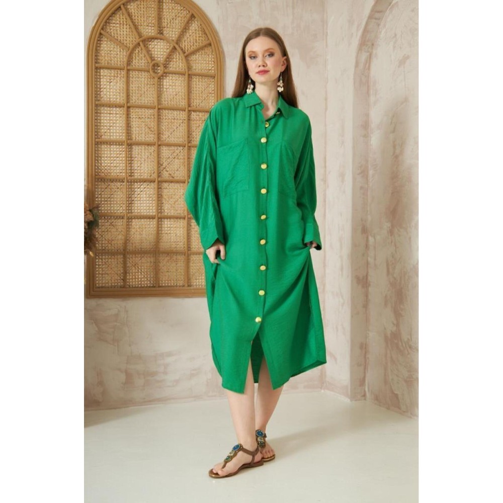 Pasaklı Giyim Pasaklı Giyim Kadın Oversize Yarasa Kol Tesettüre Uygun Gömlek Elbise-Tesettür Tunik Benetton Yeşil - Premium Kadın Giyim
