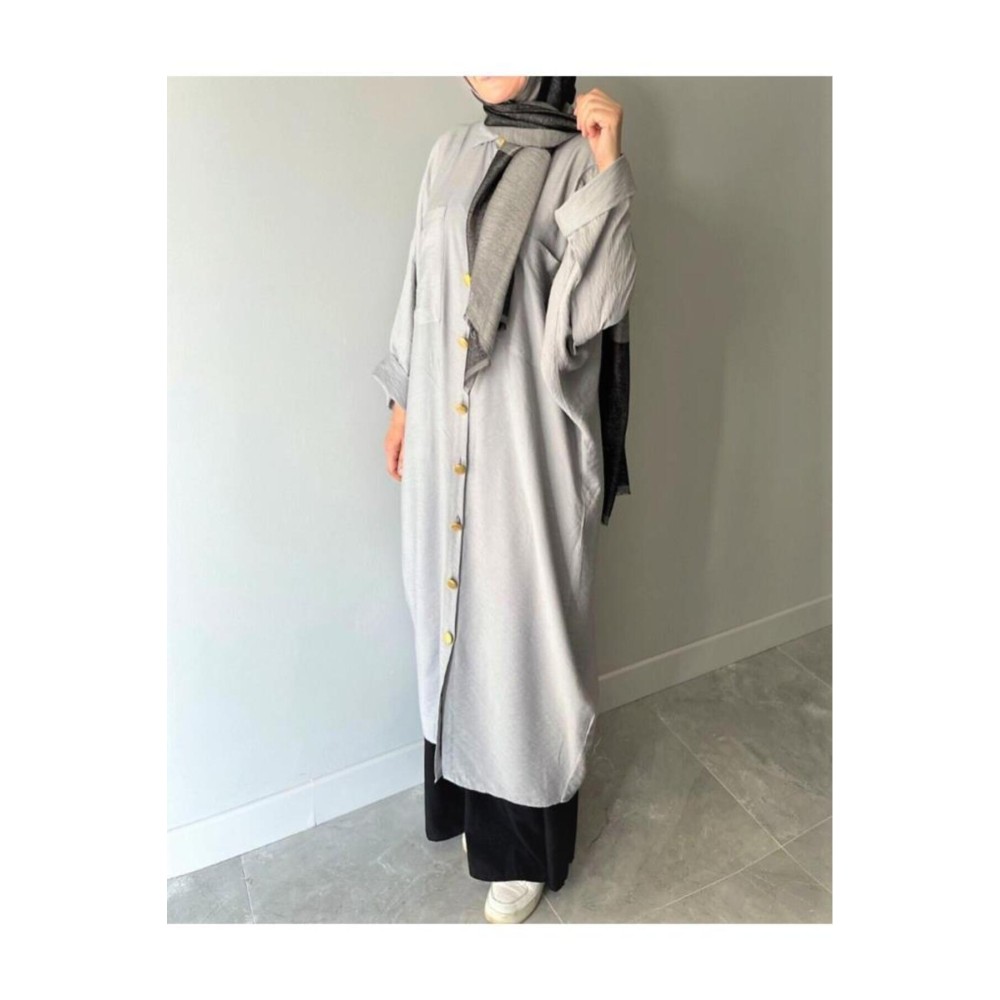 Pasaklı Giyim Pasaklı Giyim Kadın Oversize Yarasa Kol Tesettüre Uygun Gömlek Elbise-Tesettür Tunik Gri - Premium Kadın Giyim