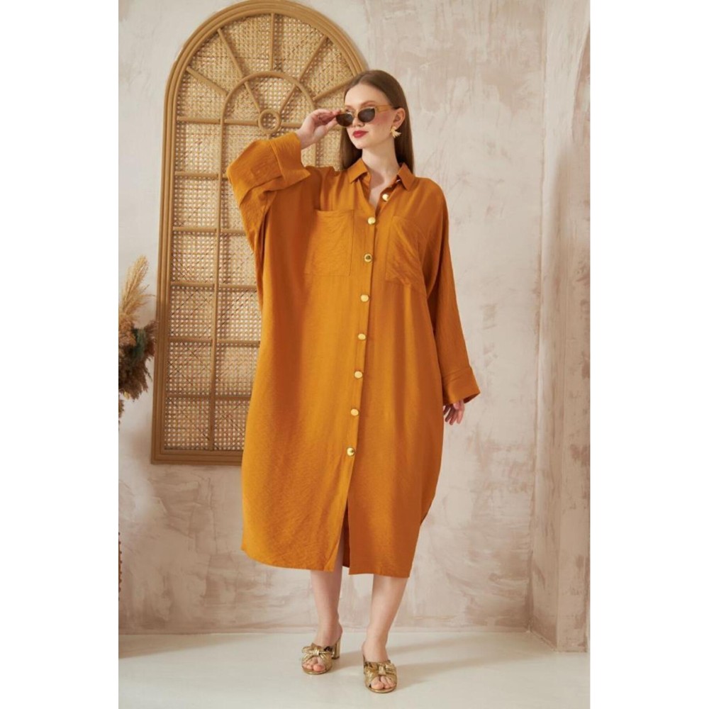 Pasaklı Giyim Pasaklı Giyim Kadın Oversize Yarasa Kol Tesettüre Uygun Gömlek Elbise-Tesettür Tunik Hardal - Premium Kadın Giyim