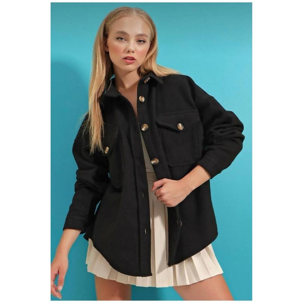 Pasaklı Giyim Pasaklı Giyim Kadın Kaşe Yün Oduncu Gömlek Siyah - Premium Kadın Giyim