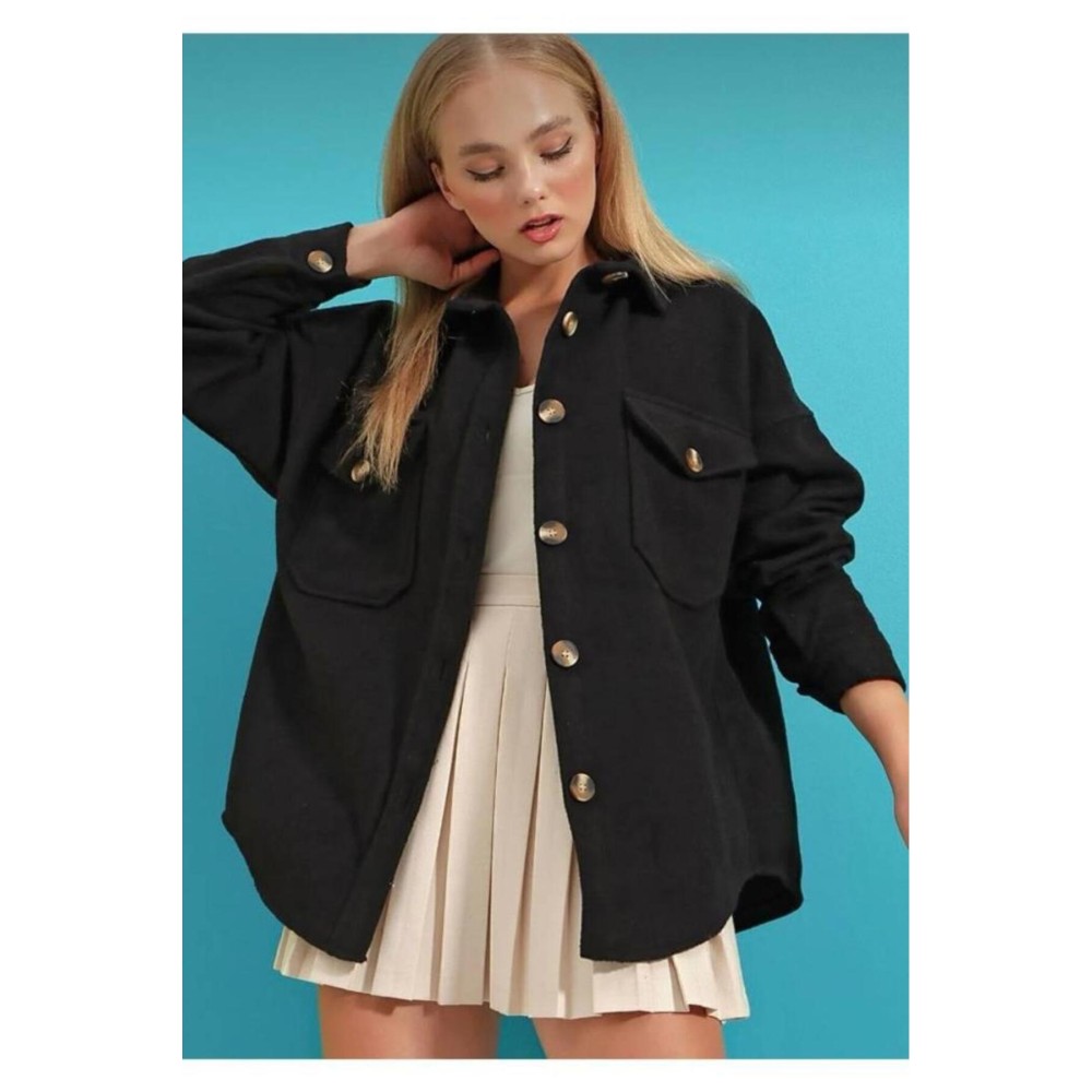 Pasaklı Giyim Pasaklı Giyim Kadın Kaşe Yün Oduncu Gömlek Siyah - Premium Kadın Giyim