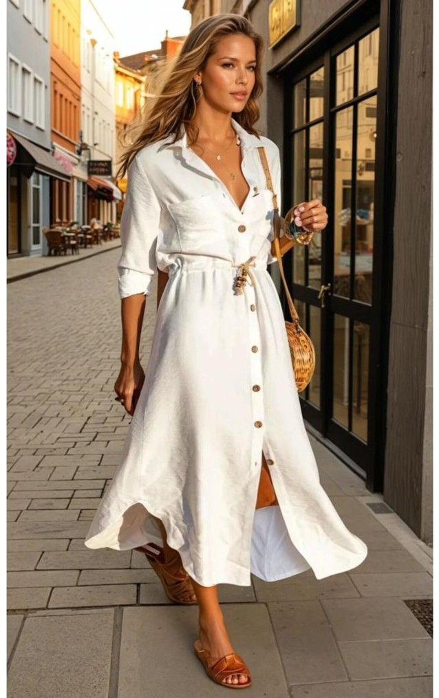 Pasaklı Giyim Kadın Hasır Kemerli Gömlek Elbise 2837451 Beyaz