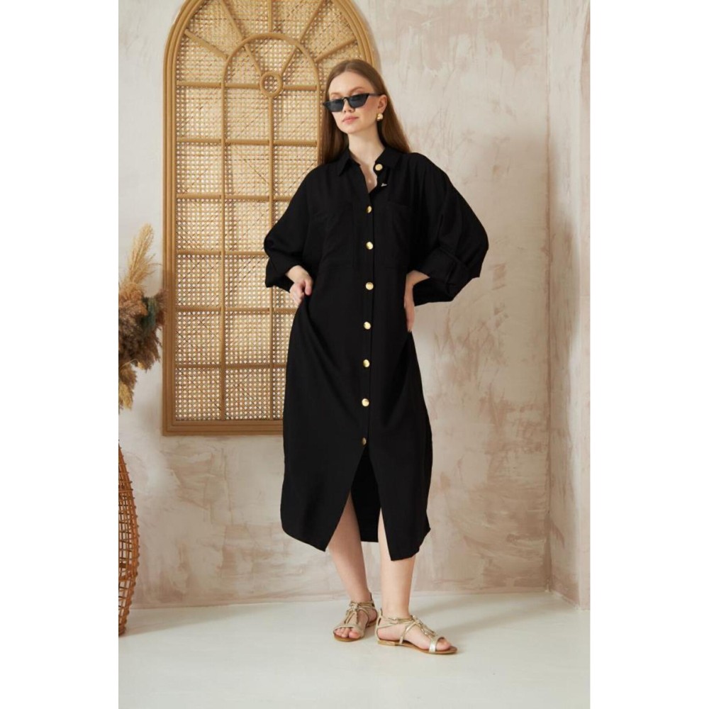Pasaklı Giyim Pasaklı Giyim Kadın Oversize Yarasa Kol Tesettüre Uygun Gömlek Elbise-Tesettür Tunik Siyah - Premium Kadın Giyim