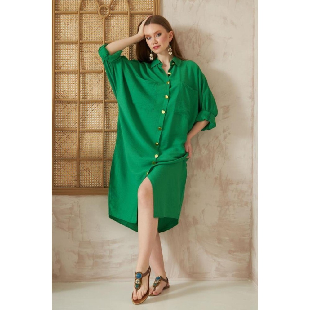 Pasaklı Giyim Pasaklı Giyim Kadın Oversize Yarasa Kol Tesettüre Uygun Gömlek Elbise-Tesettür Tunik Benetton Yeşil - Premium Kadın Giyim