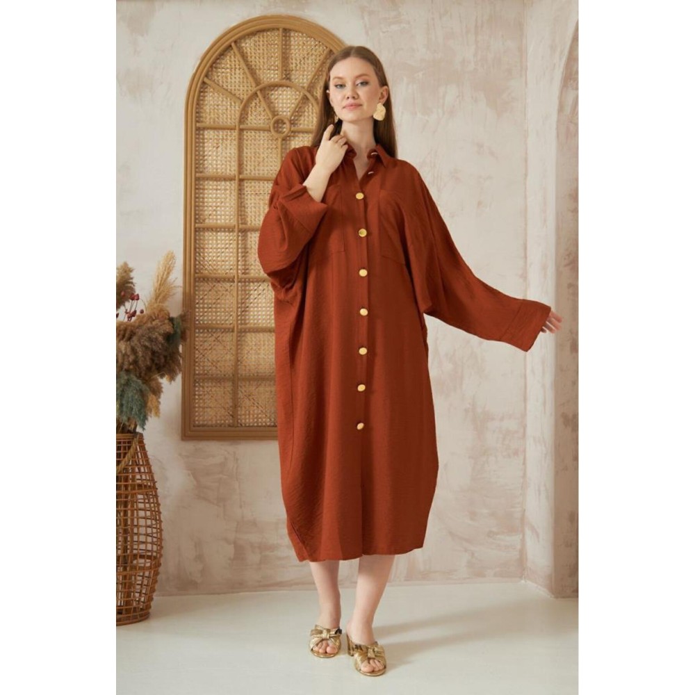 Pasaklı Giyim Pasaklı Giyim Kadın Oversize Yarasa Kol Tesettüre Uygun Gömlek Elbise-Tesettür Tunik Kiremit - Premium Kadın Giyim