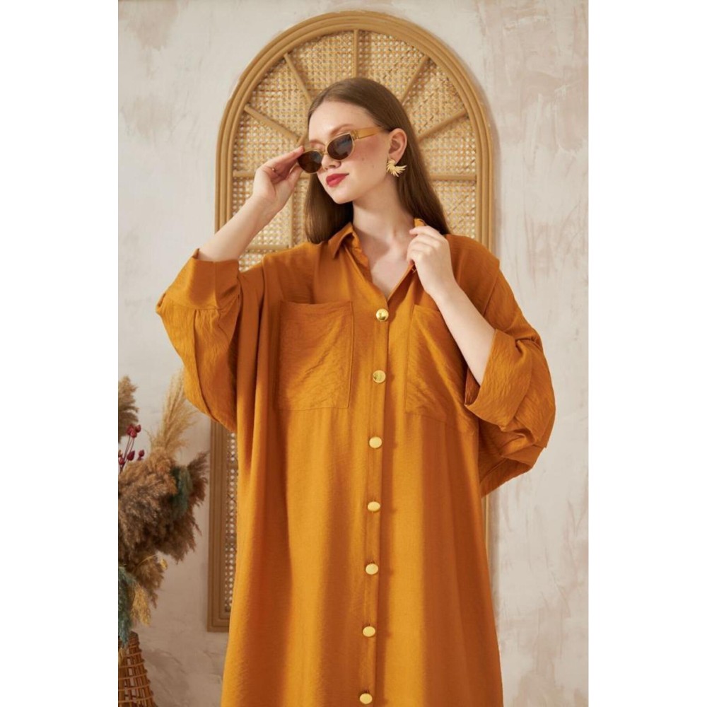 Pasaklı Giyim Pasaklı Giyim Kadın Oversize Yarasa Kol Tesettüre Uygun Gömlek Elbise-Tesettür Tunik Hardal - Premium Kadın Giyim
