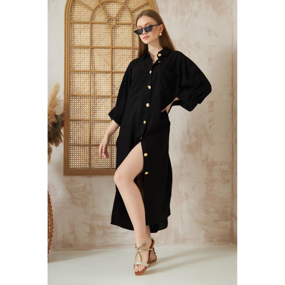 Pasaklı Giyim Pasaklı Giyim Kadın Oversize Yarasa Kol Tesettüre Uygun Gömlek Elbise-Tesettür Tunik Siyah - Premium Kadın Giyim